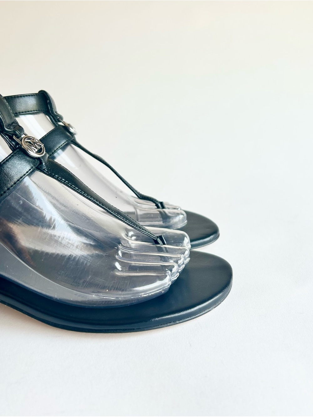 Michael Kors Black Leather Ankle Strap Silver Metal Logo Sandals size 7 - Picture 16 of 16